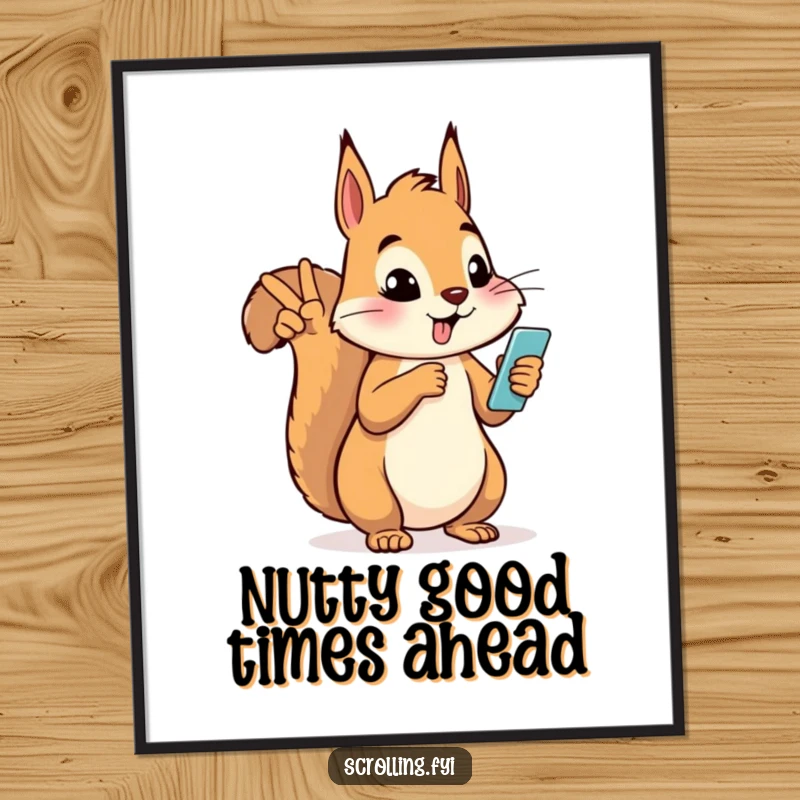 Funny Free Printable Wall Art: A silly squirrel strikes a peace sign while glued to its phone, radiating cool vibes.