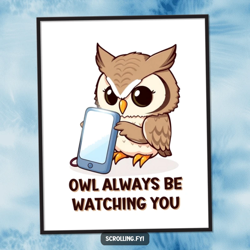 Funny Free Printable Wall Art: A curious owl peers intently at a brightly lit phone screen, creating quirky decor.