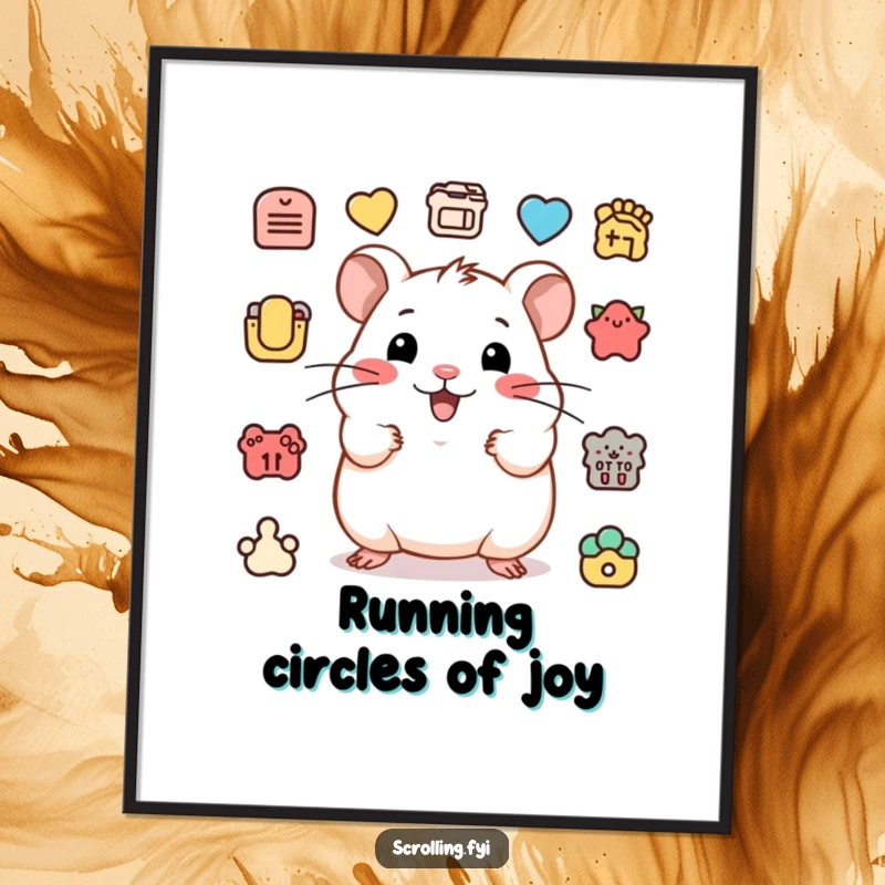 Funny Free Printable Hamster Wall Art: Happy hamster rapidly clicking various app icons, energetic digital art.