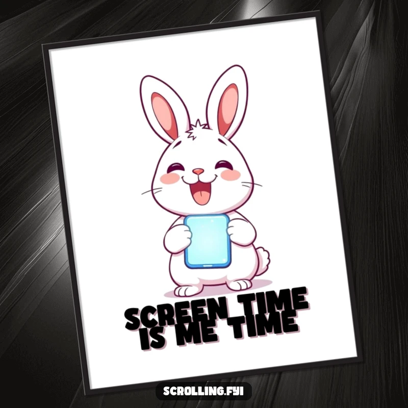 Funny Free Printable Wall Art: Delighted rabbit holding a glowing mobile phone with a wide smile, capturing the joy of digital connection. Downloadable.