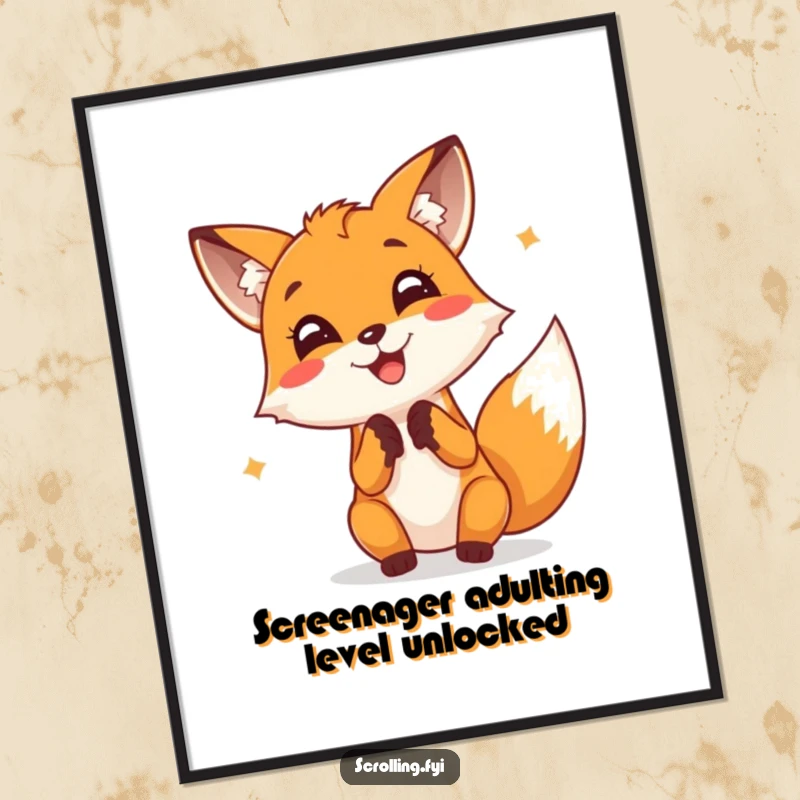Funny Free Printable Wall Art: Cheerful fox intensely tapping on a screen with pure joy, capturing the excitement of digital engagement. Downloadable.