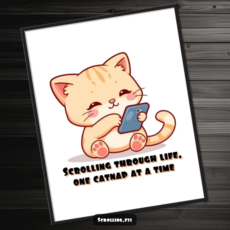 Funny Free Printable Wall Art: A cute cat holding a smartphone, its paw actively swiping down the screen in deep concentration.