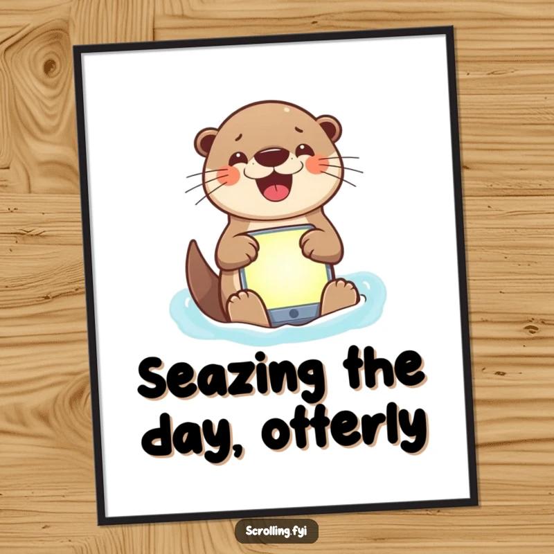 Funny Free Printable Otter Wall Art: Otter with a huge grin navigating a brightly lit app, tech-themed digital art.