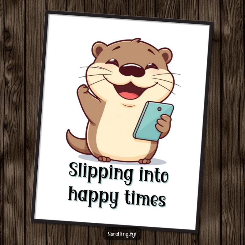 Funny Free Printable Wall Art: A cheerful otter holding a phone with a massive grin, radiating joy.