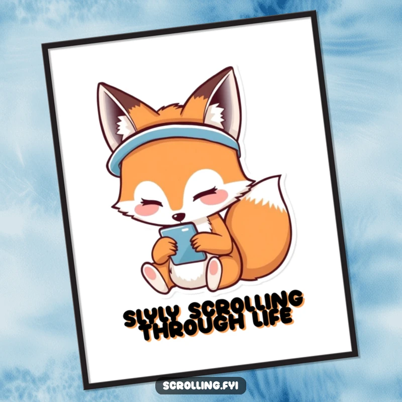 Funny Free Printable Wall Art: A charming fox with a big happy smile, engrossed in its mobile phone screen.