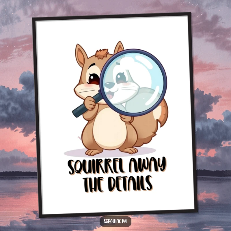 Funny Free Printable Wall Art: A cheerful squirrel holding a large magnifying glass, peering closely at a digital screen.