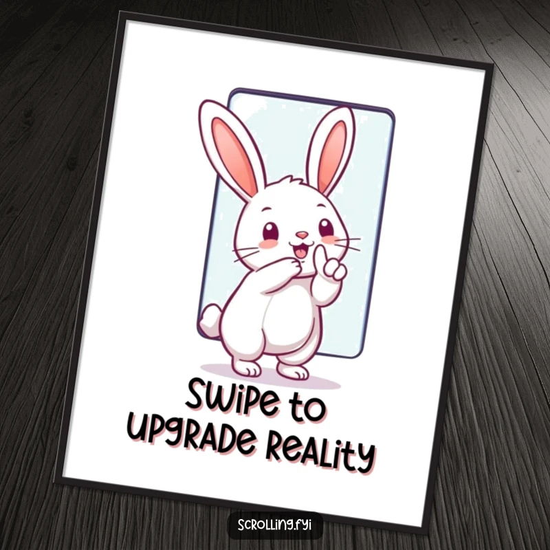 Funny Free Printable Wall Art: A rabbit gleefully interacting with a massive touchscreen using its finger, depicted with humorous digital energy.