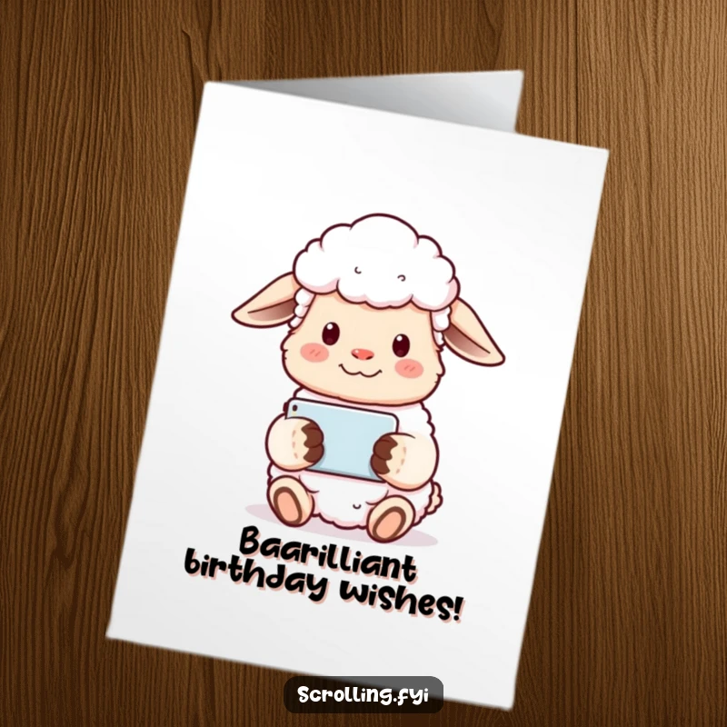 Funny Free Printable Birthday Card: Content sheep smiles serenely while watching a video horizontally on a phone.