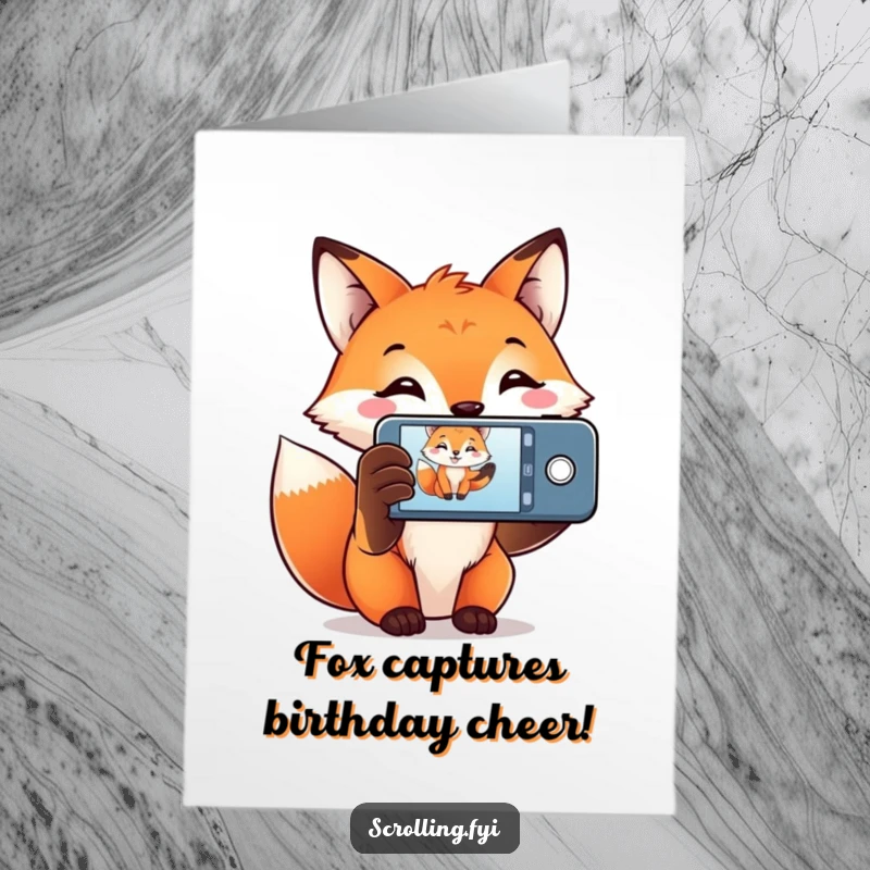 Funny Free Printable Birthday Card: Smiling fox holding phone up, capturing a special moment, perfect for a memorable birthday.