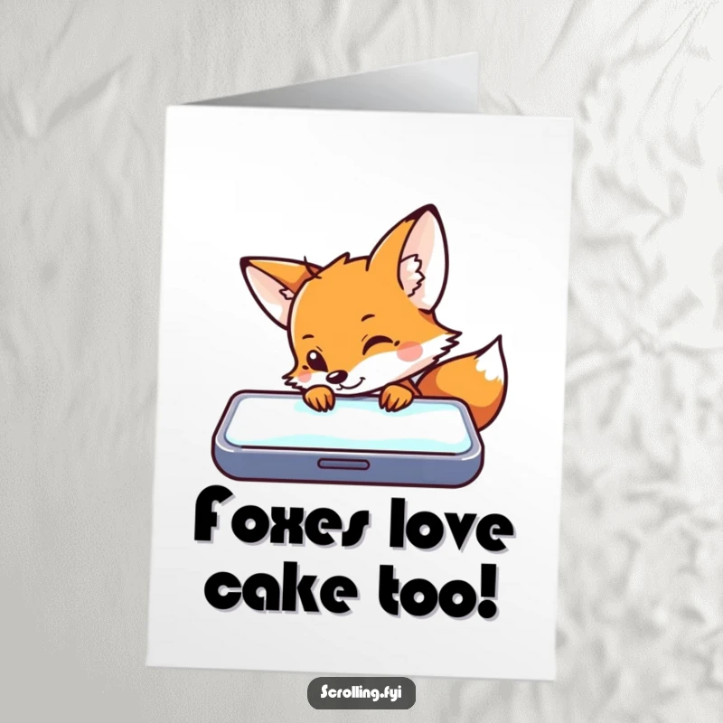 Funny Free Printable Birthday Card: A curious fox peeking over a glowing phone screen, looking intrigued.
