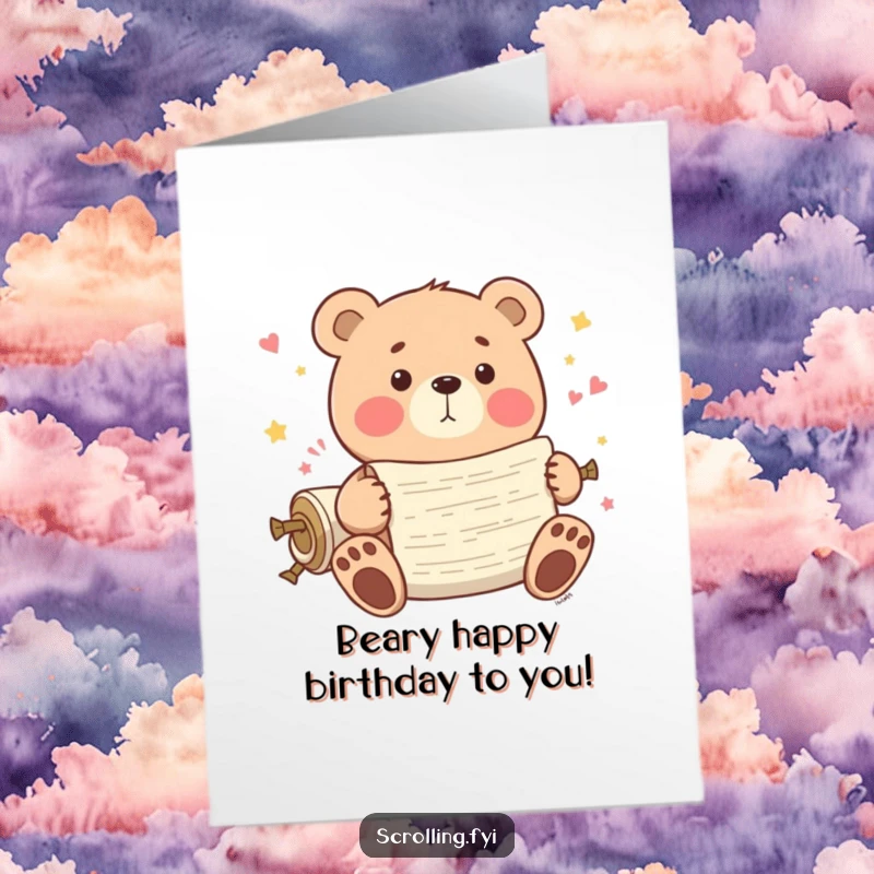 Funny Free Printable Birthday Card: Playful bear joyfully scrolling through endless content, celebrating with digital immersion. Downloadable.