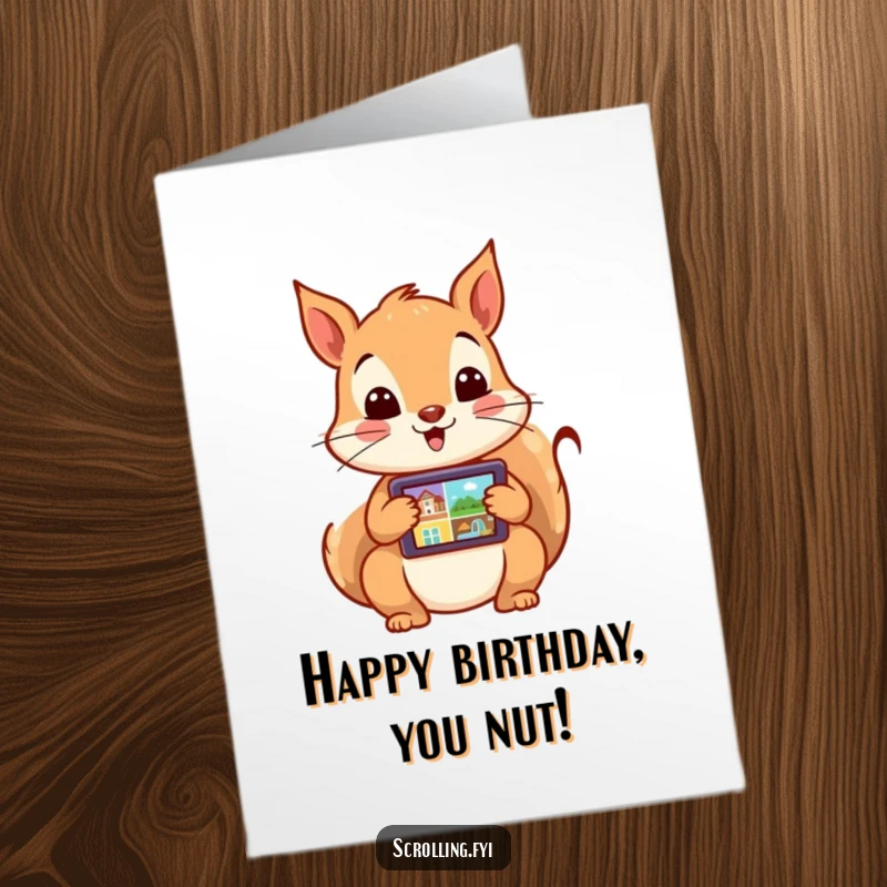 Funny Free Printable Birthday Card: A squirrel rapidly swiping through images on a tablet with sheer excitement.