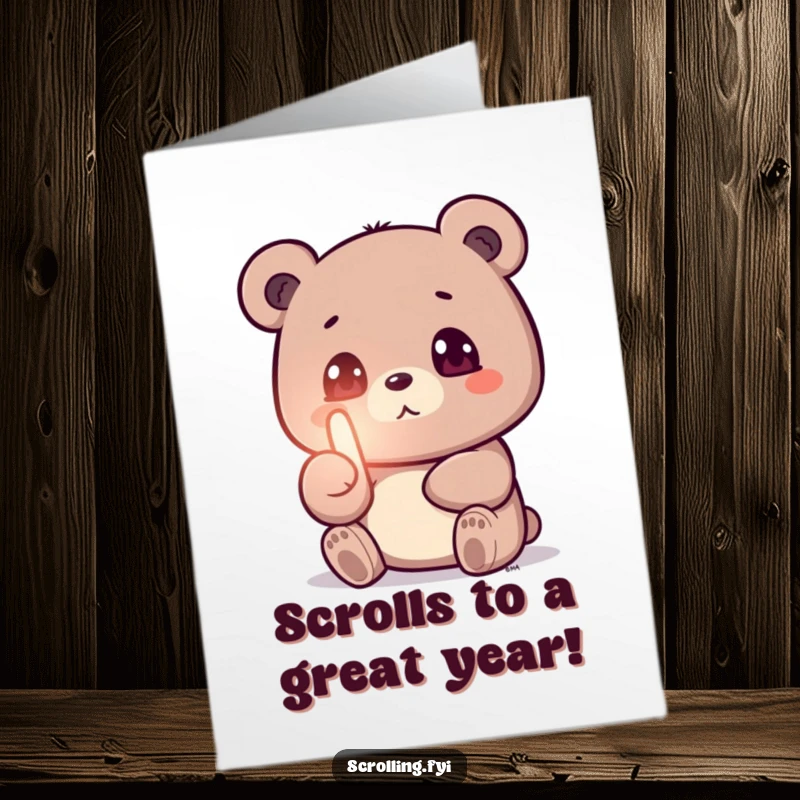 Funny Free Printable Birthday Card: A bear glued to its phone screen, thumb swiping furiously, perfect for tech lovers.