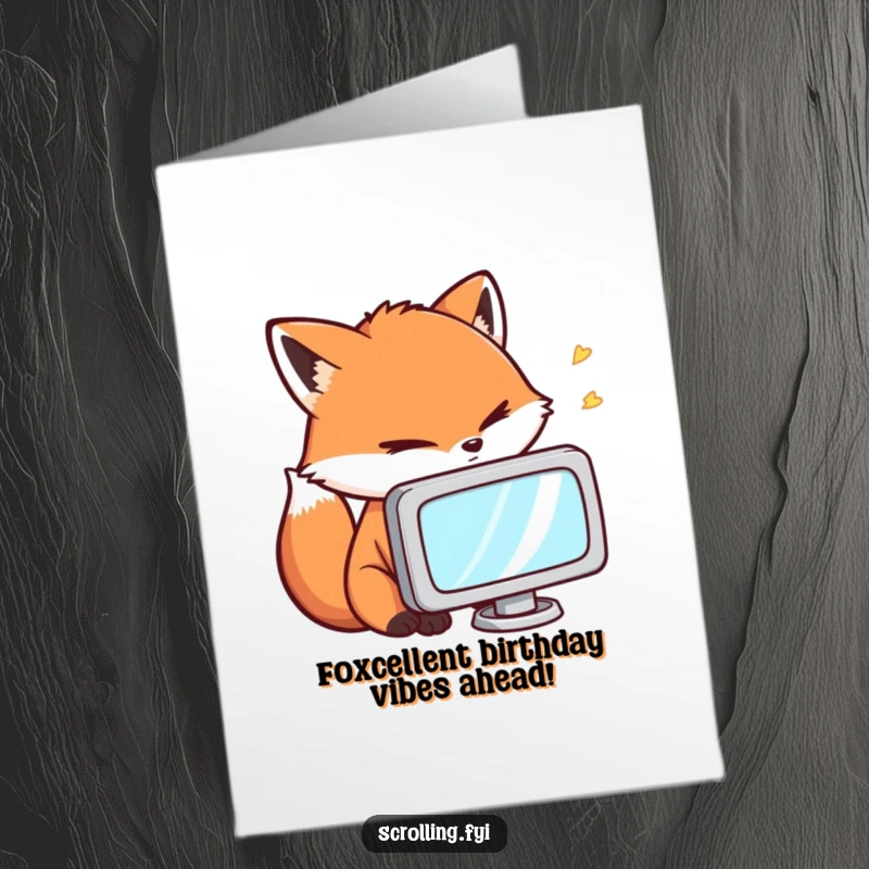 Funny Free Printable Birthday Card: A fox with comical intensity stares fixedly at a tiny screen, embodying digital distraction humorously.
