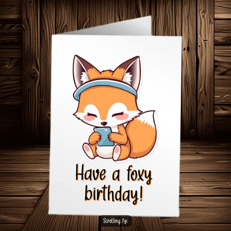Funny Free Printable Birthday Card: A charming fox smiling widely while engrossed in its phone screen, a delightful sight.