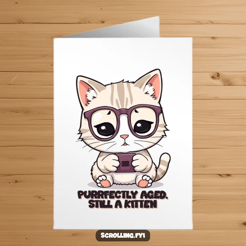 Funny Free Printable Birthday Card: A playful cat wearing glasses, totally engrossed in a tiny electronic device, looking smart.