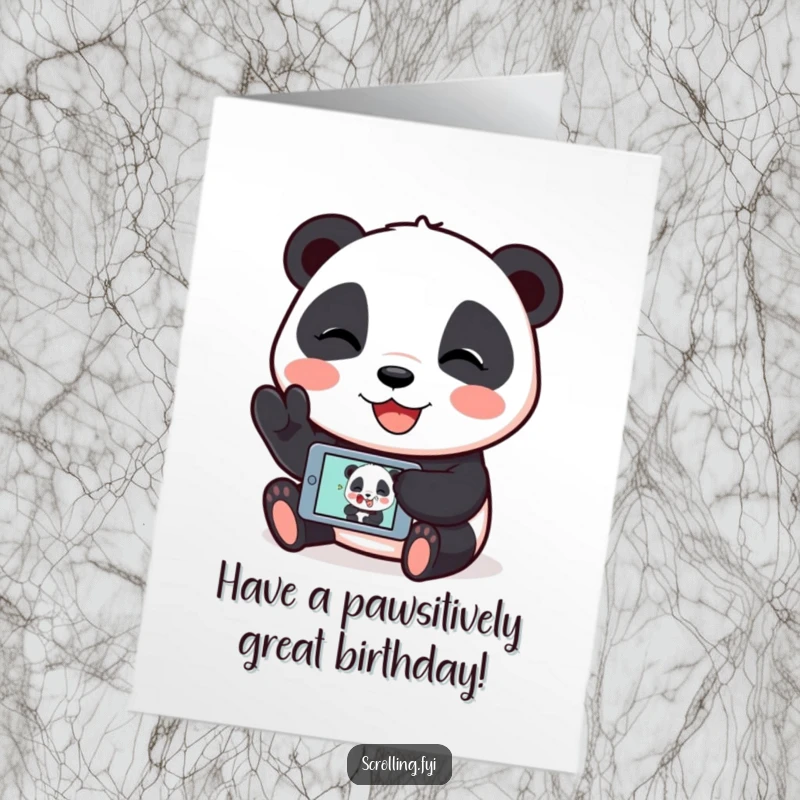 Funny Free Printable Birthday Card: A giggling panda shares a hilarious image on its mobile device, a DIY greeting.