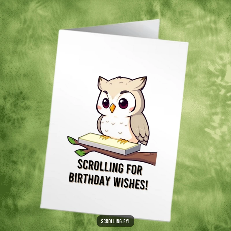 Free Printable Birthday Card: A curious owl intently taps on a glowing rectangle screen, celebrating a birthday digitally.