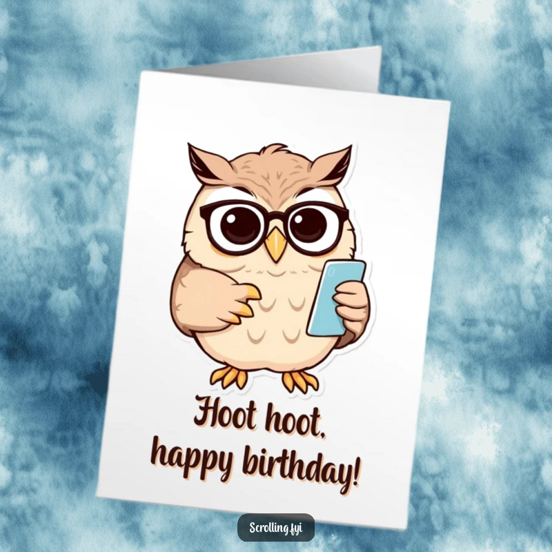 Funny Free Printable Birthday Card: Wise owl wearing spectacles squints intently at a tiny phone screen.