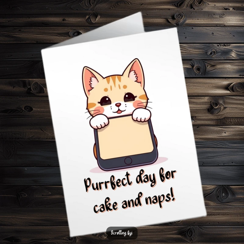 Funny Free Printable Cat Card: Cute cat peeking over a giant smartphone screen, perfect for a techy birthday wish.