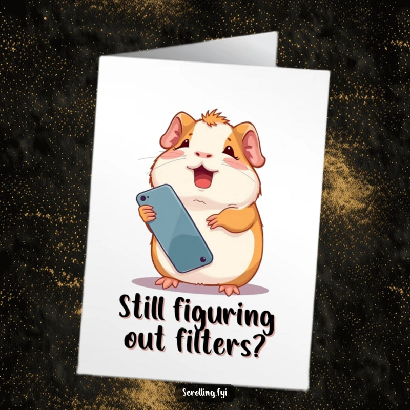 Funny Free Printable Birthday Card featuring a giggling guinea pig holding a phone upside down, looking hilariously amused, perfect for DIY gifts.