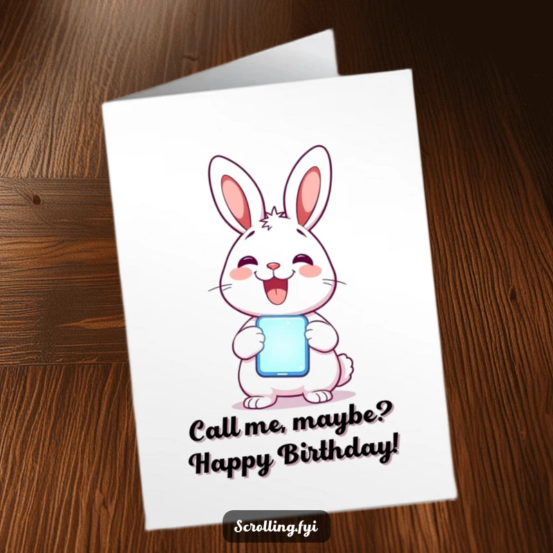 Funny Free Printable Birthday Card: Delighted rabbit smiling widely while holding a glowing mobile phone, celebrating with tech joy. Downloadable.