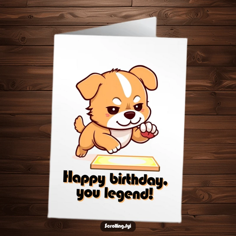 Funny Free Printable Birthday Card: Dog Focused on a Glowing Screen, Tapping Rapidly, Gaming Birthday, Downloadable Gift.