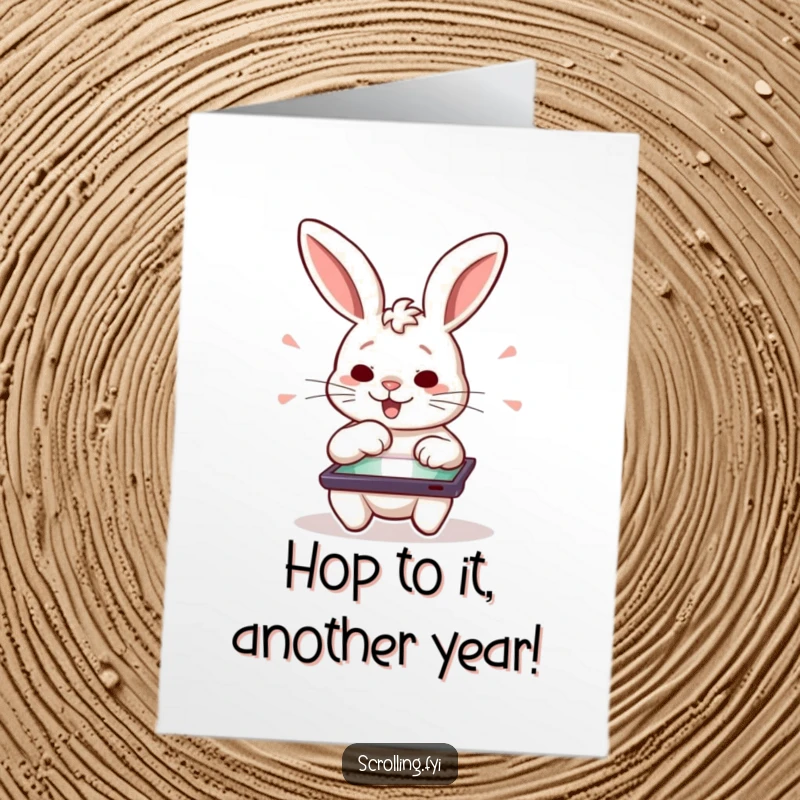Funny Free Printable Birthday Card: A determined rabbit character excitedly swiping on a tablet screen with enthusiasm.