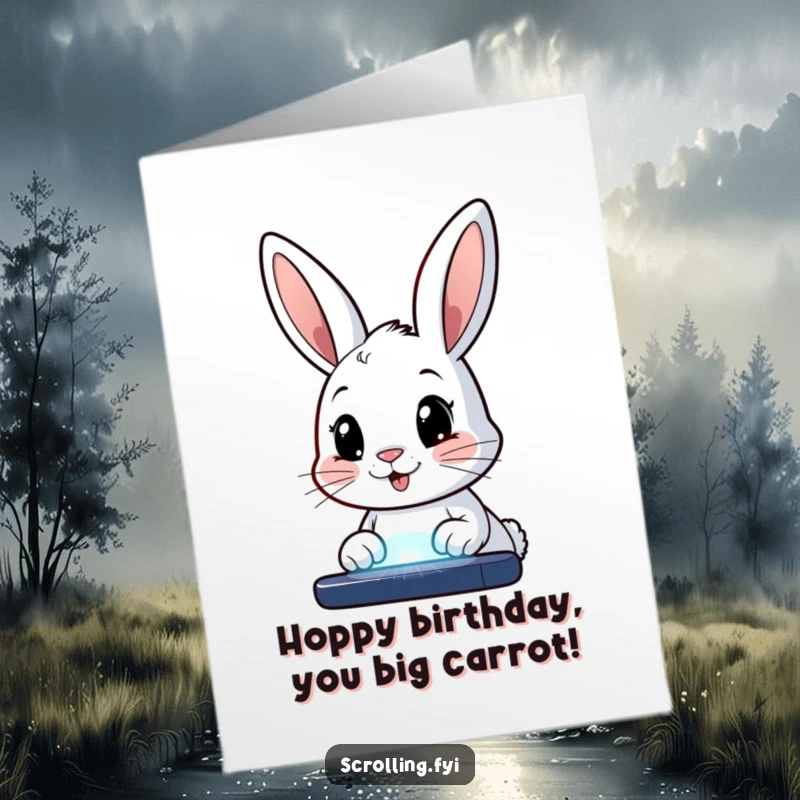 Funny Free Printable Birthday Card: A happy bunny with wide eyes fixated on a brightly glowing screen.