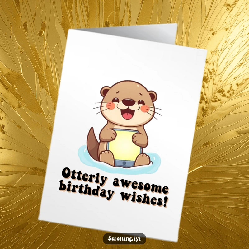 Funny Free Printable Otter Birthday Card: Smiling otter joyfully navigates bright app, perfect for tech-savvy celebrations.