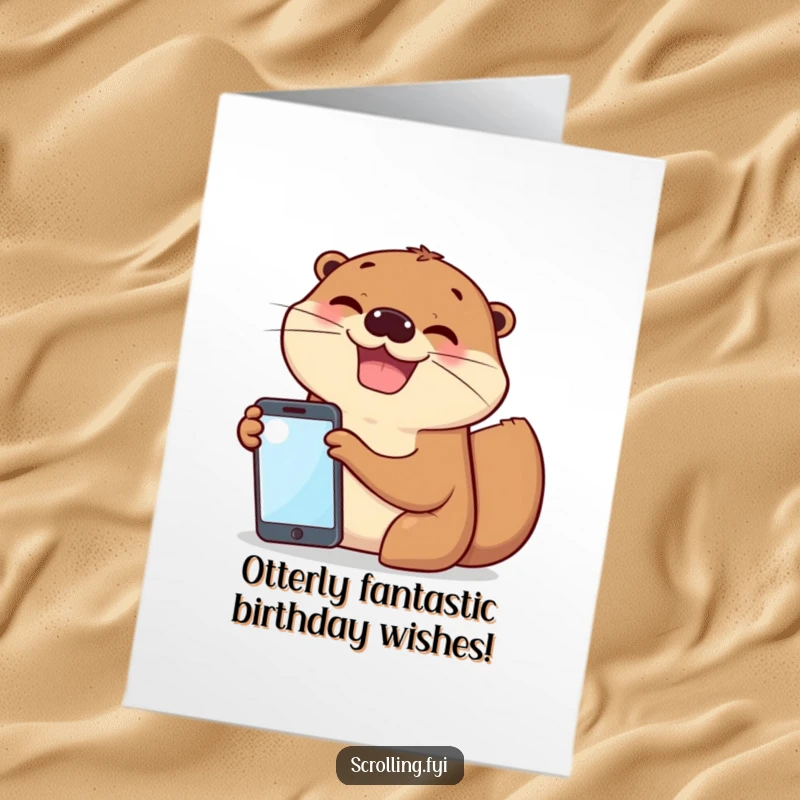 Funny Free Printable Birthday Card: Two cheerful otters, one excitedly showing a phone screen to another with a big grin.