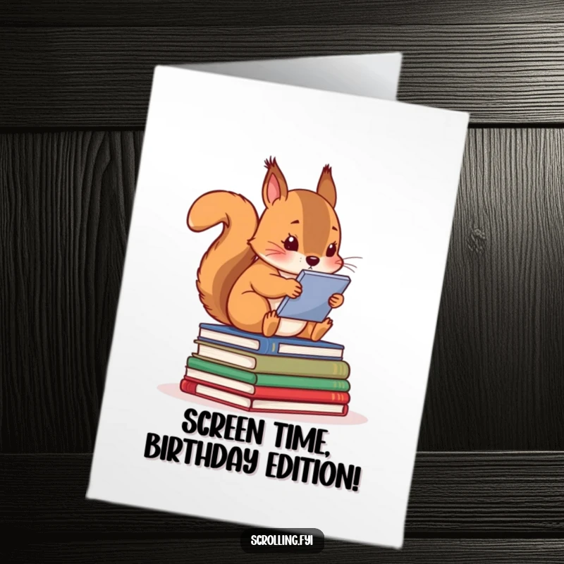 Funny Free Printable Birthday Card: Curious squirrel engrossed in a screen sits atop a book pile, a tech-savvy birthday wish.