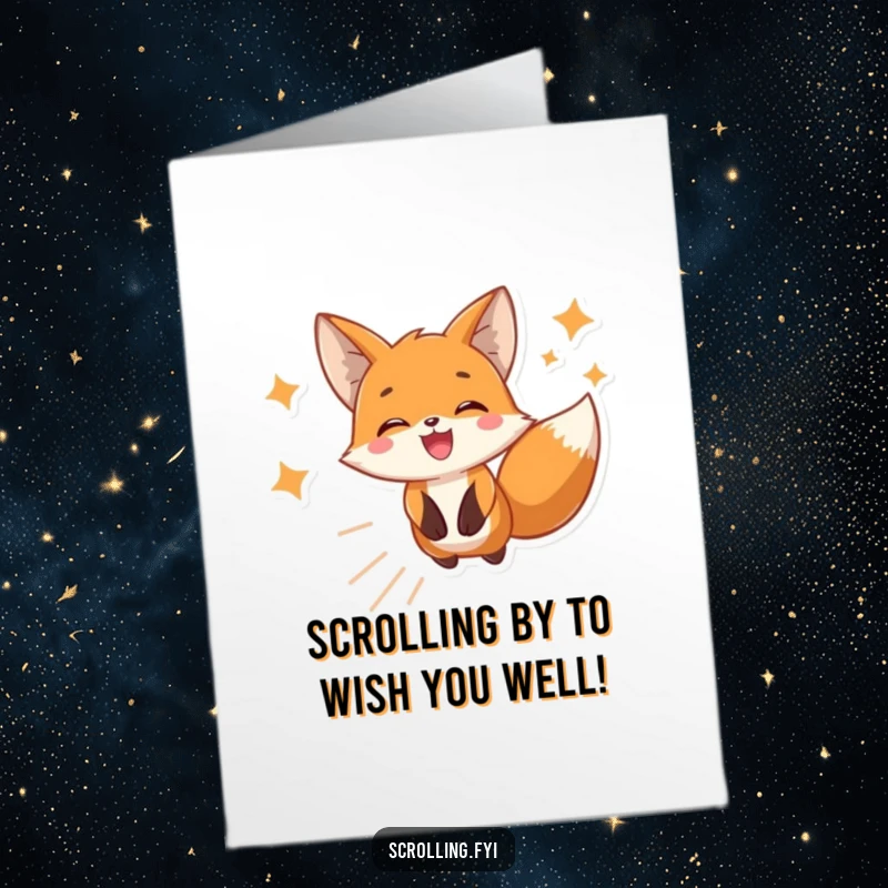 Funny Free Printable Birthday Card: Cheerful fox joyfully scrolling through phone images with a big smile.