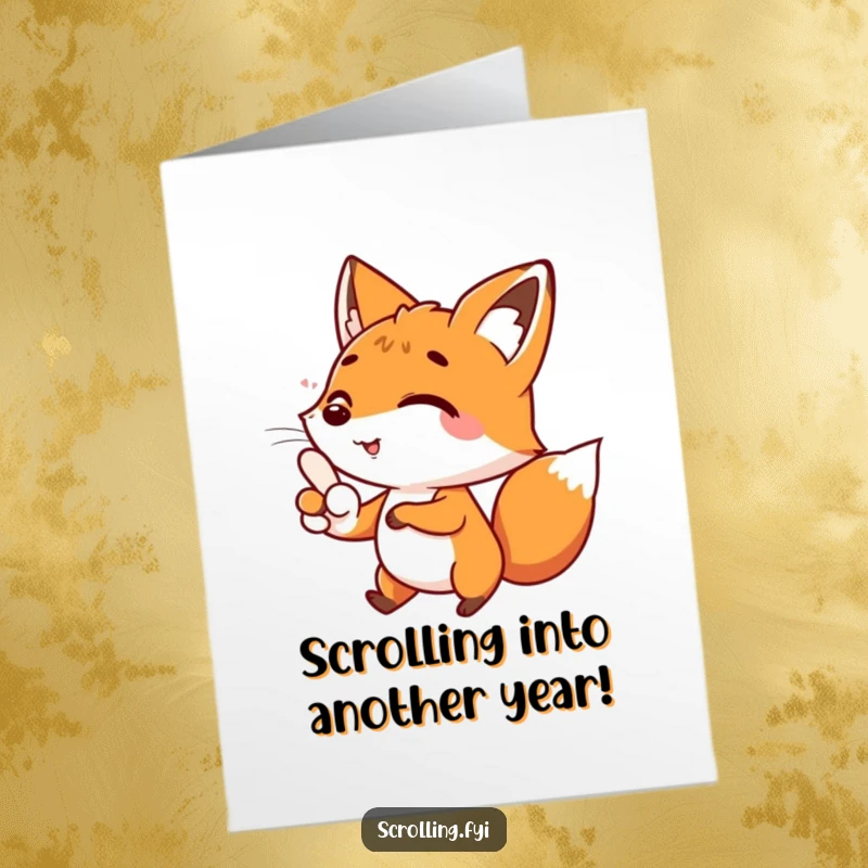 Funny Free Printable Birthday Card: A happy fox character engrossed in scrolling on a device with its thumb.