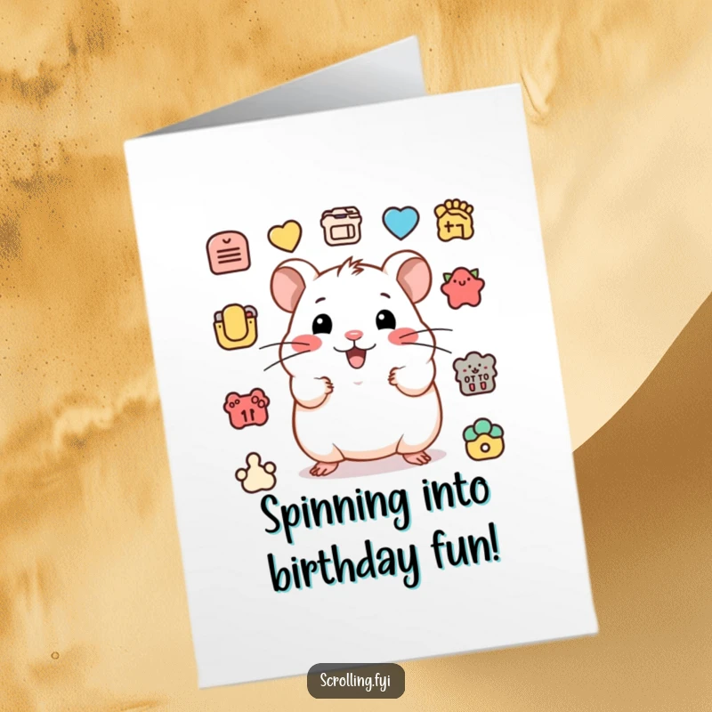 Funny Free Printable Hamster Birthday Card: Happy hamster rapidly clicking icons, full of birthday energy.