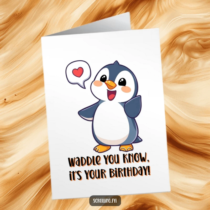 Funny Free Printable Birthday Card: Delighted penguin points excitedly at a notification bubble, sharing news.