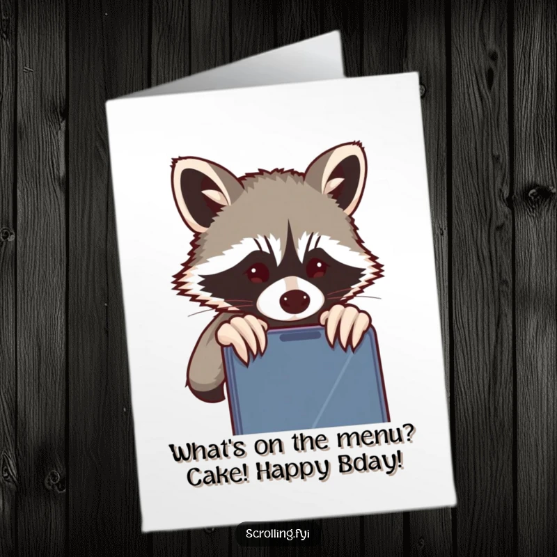 Funny free printable birthday card: Mischievous raccoon peeking over a shoulder at a phone screen.