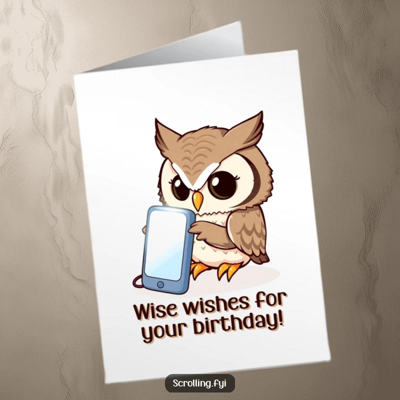 Funny Free Printable Birthday Card: A curious owl peers intently at a bright, illuminated phone, seeking birthday info.