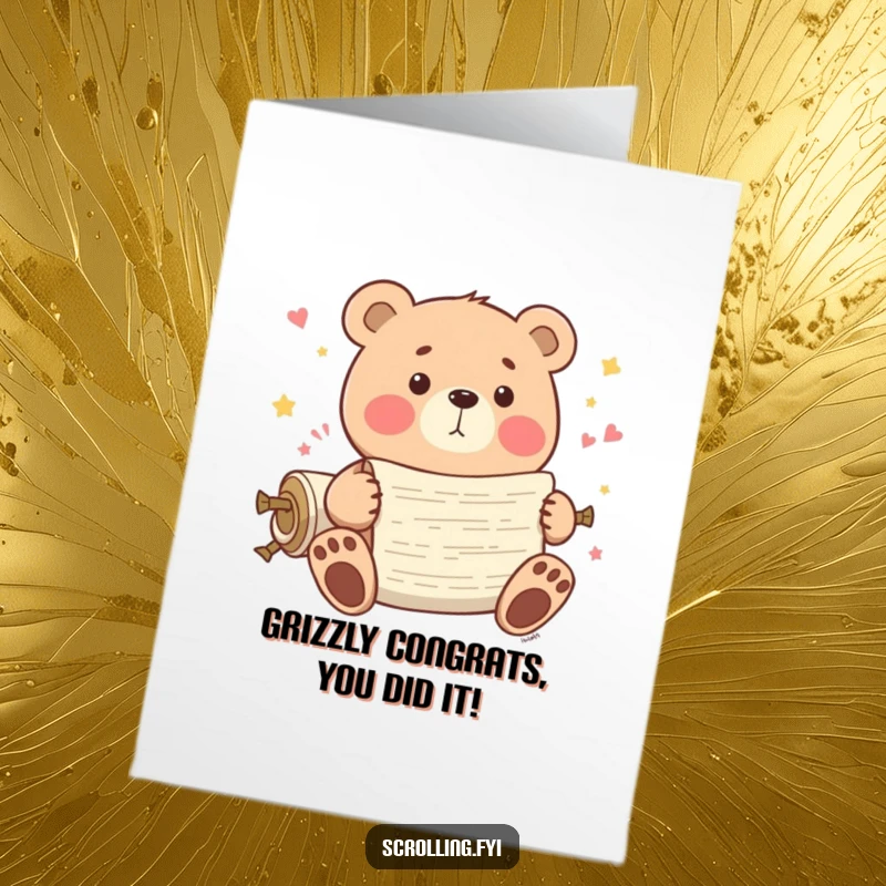 Funny Free Printable Congratulations Card: Playful bear with glee scrolling through endless content, celebrating achievements. Downloadable.