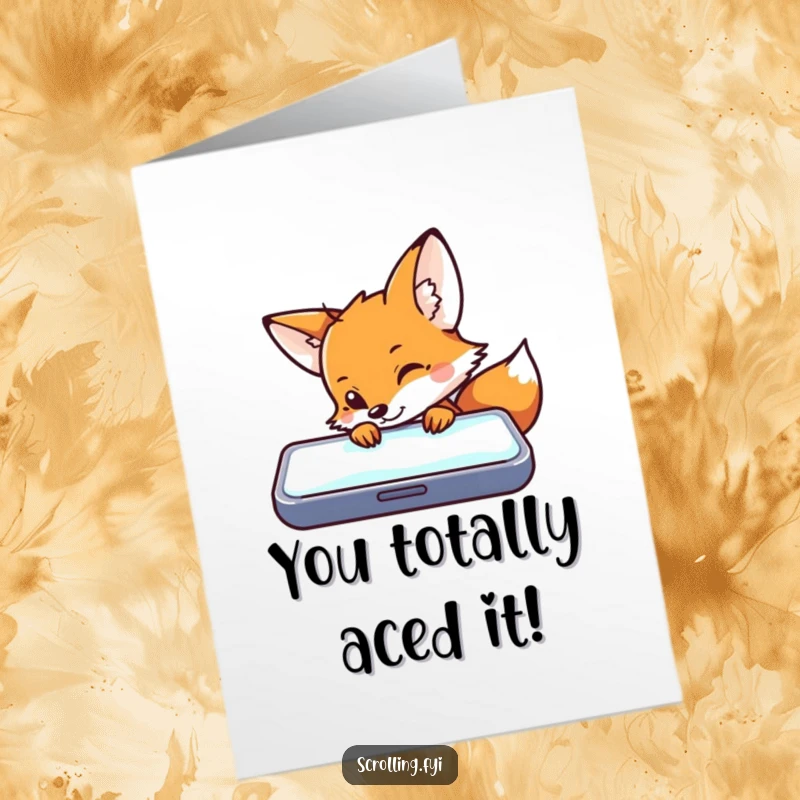 Funny Free Printable Congratulations Card: A curious fox peeking at a glowing mobile device, looking amazed.