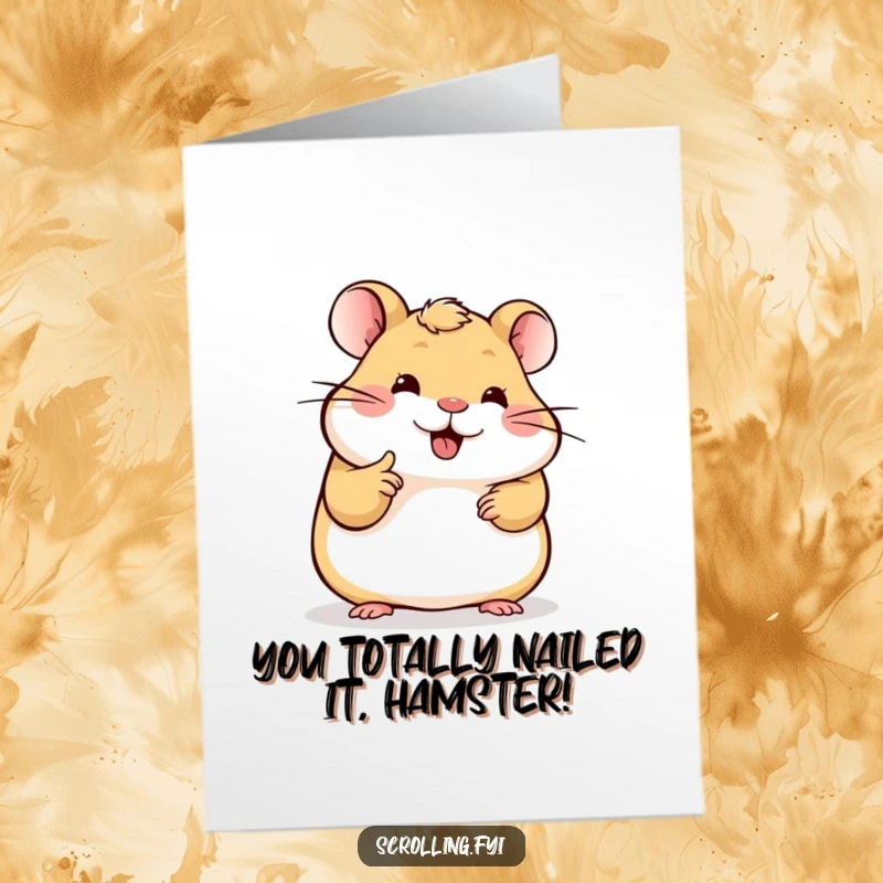 Funny Free Printable Congratulations Card: A happy hamster focused on its glowing screen, scrolling with a single digital finger.