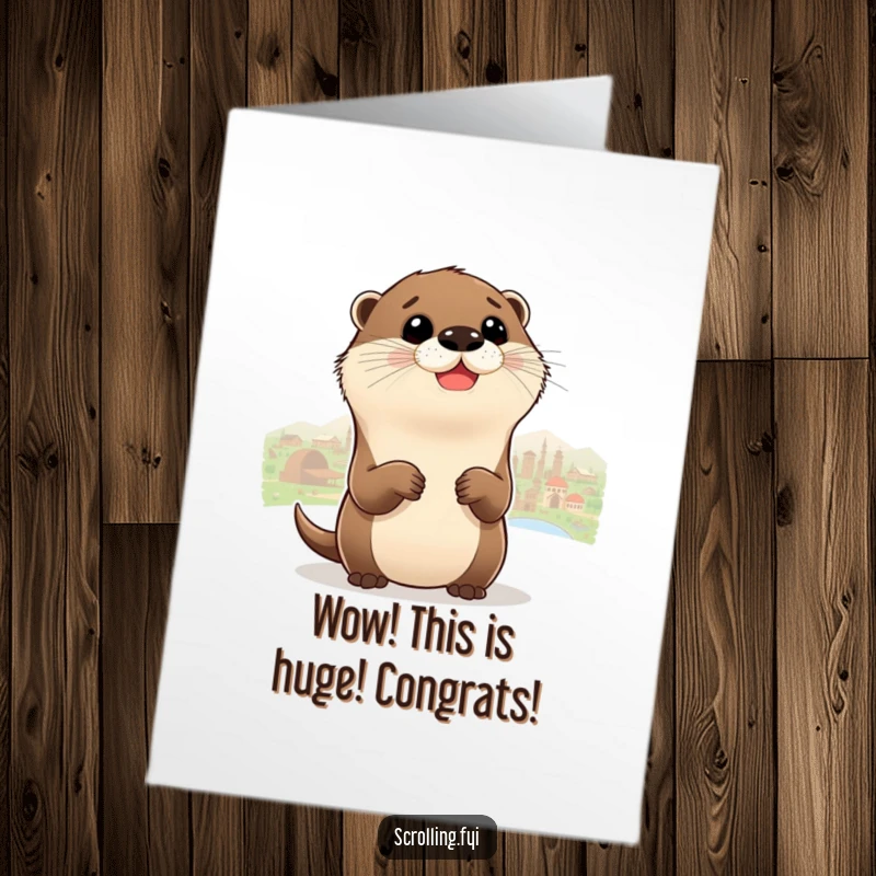 Funny Free Printable Congrats Card: A delighted otter zooms out to appreciate the vastness of a panoramic scene.