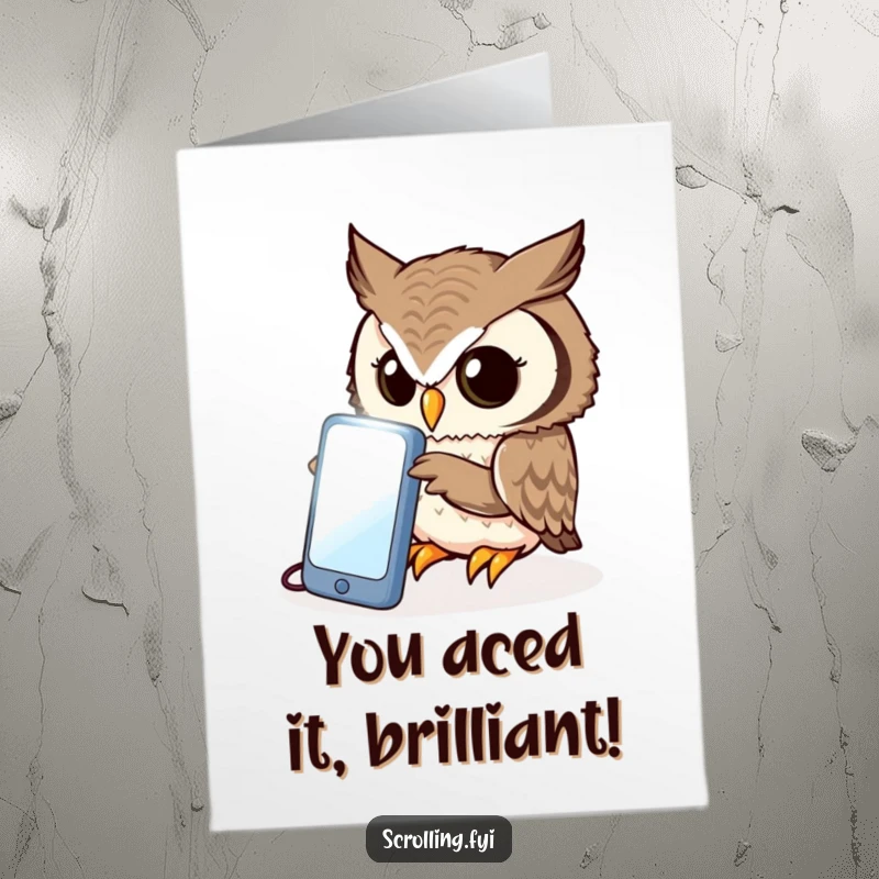 Funny Free Printable Congratulations Card: A curious owl gazes intently at a glowing phone screen, acknowledging achievements.