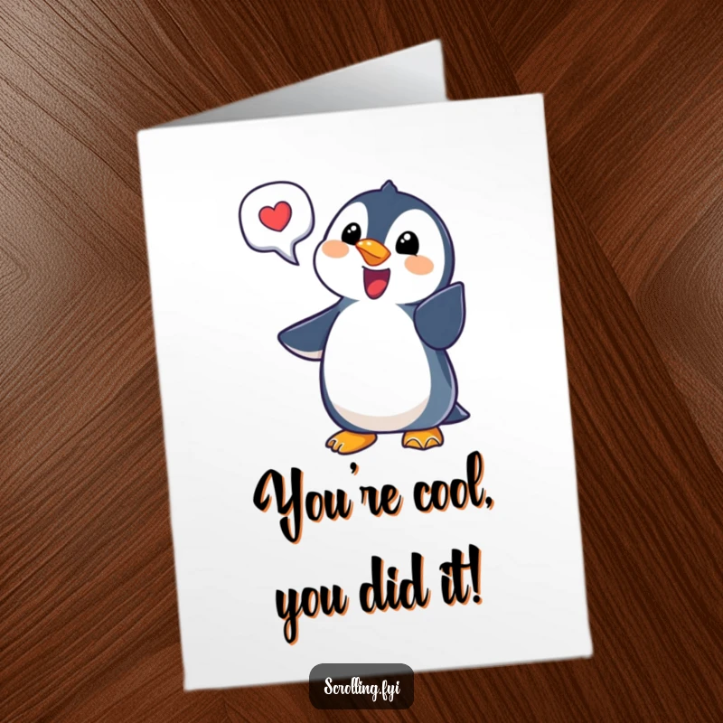 Funny Free Printable Congrats Card: Delighted penguin points at a notification bubble, announcing great news.