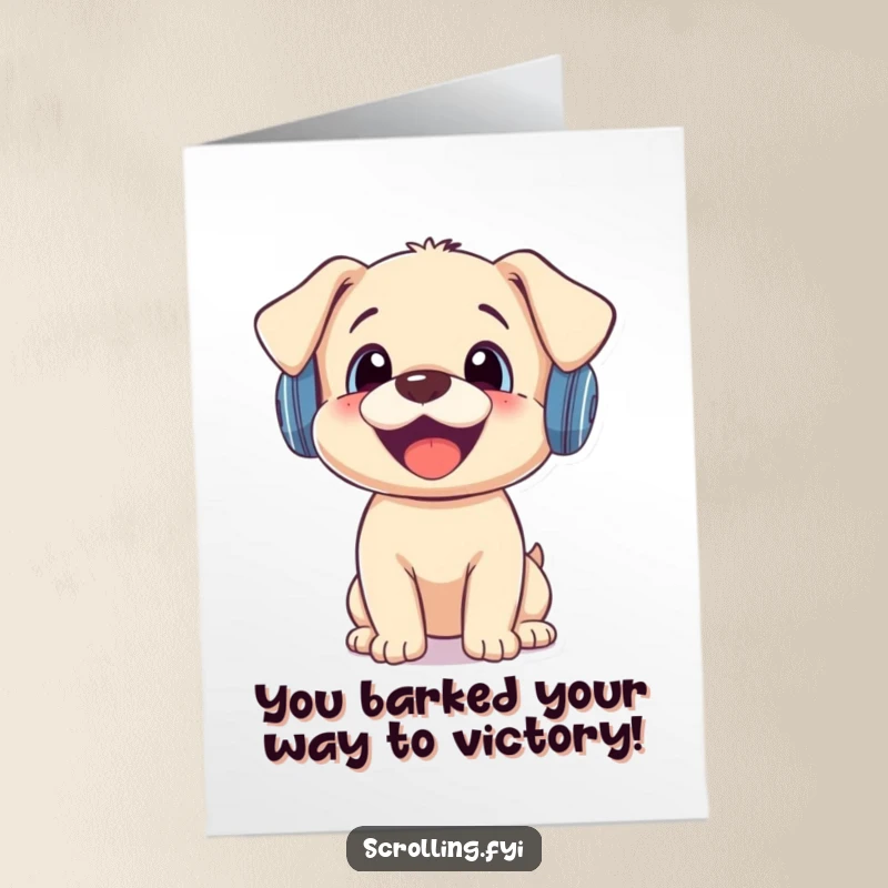 Funny Free Printable Congratulations Card: A joyful puppy with headphones is surprised by a notification alert.