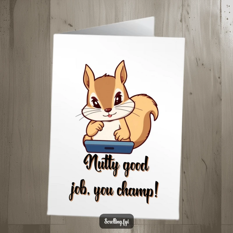Funny Free Printable Congratulations Card: A determined squirrel with flying thumbs, deeply engrossed in a digital device.
