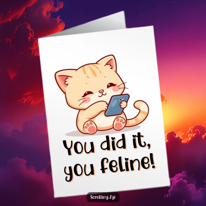 Funny Free Printable Congratulations Card: A cute cat intently swiping on a smartphone, perhaps reacting to great news.