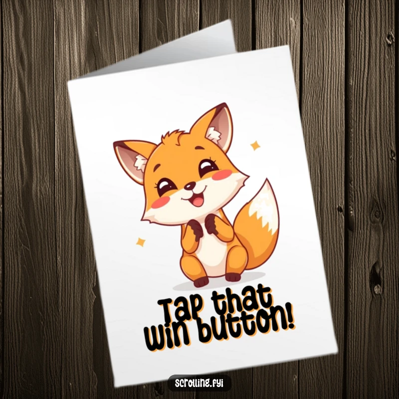 Funny Free Printable Congratulations Card: Cheerful fox furiously tapping a screen with absolute joy, celebrating accomplishments. Downloadable.