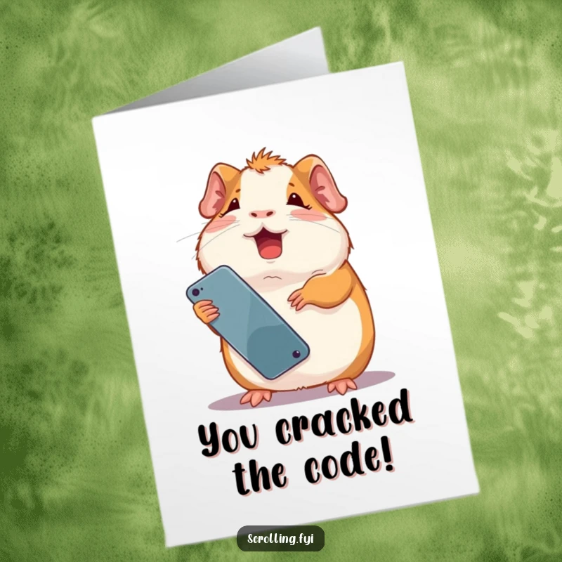 Funny Free Printable Congratulations Card showing a guinea pig upside down with a phone, conveying pure amusement, a great DIY present.