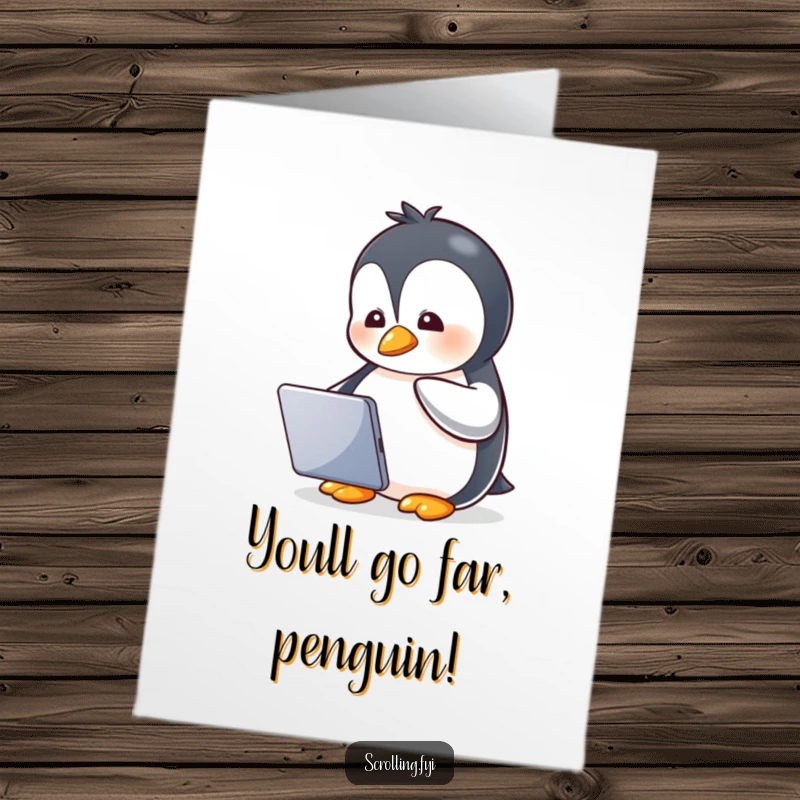 Funny Free Printable Penguin Congratulations Card: Little penguin watches tablet with glee, celebrating success.